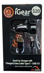 Dual-Car-Charger-with-Charge-&-Data-Cable-Type-C-USB2.0 Dual Car Charger with Charge & Data Cable Type C-USB2.0
